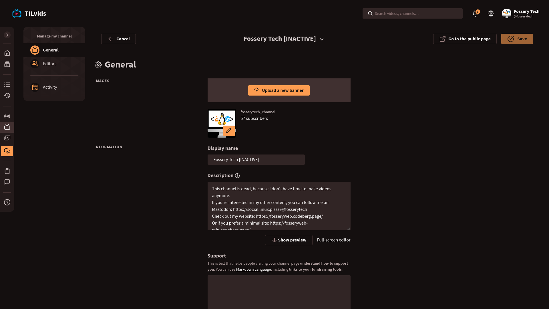 PeerTube channel settings