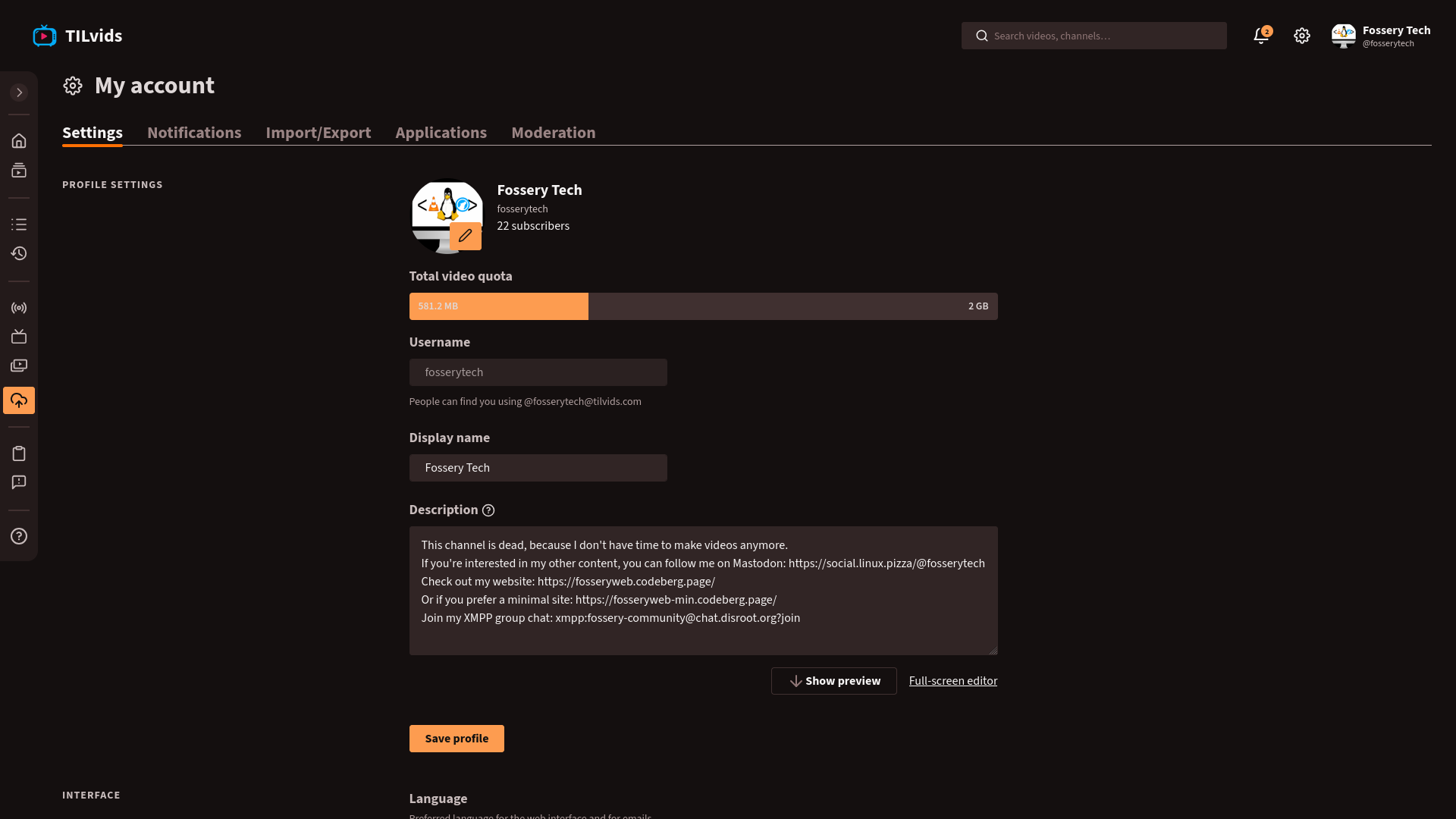 PeerTube video quota