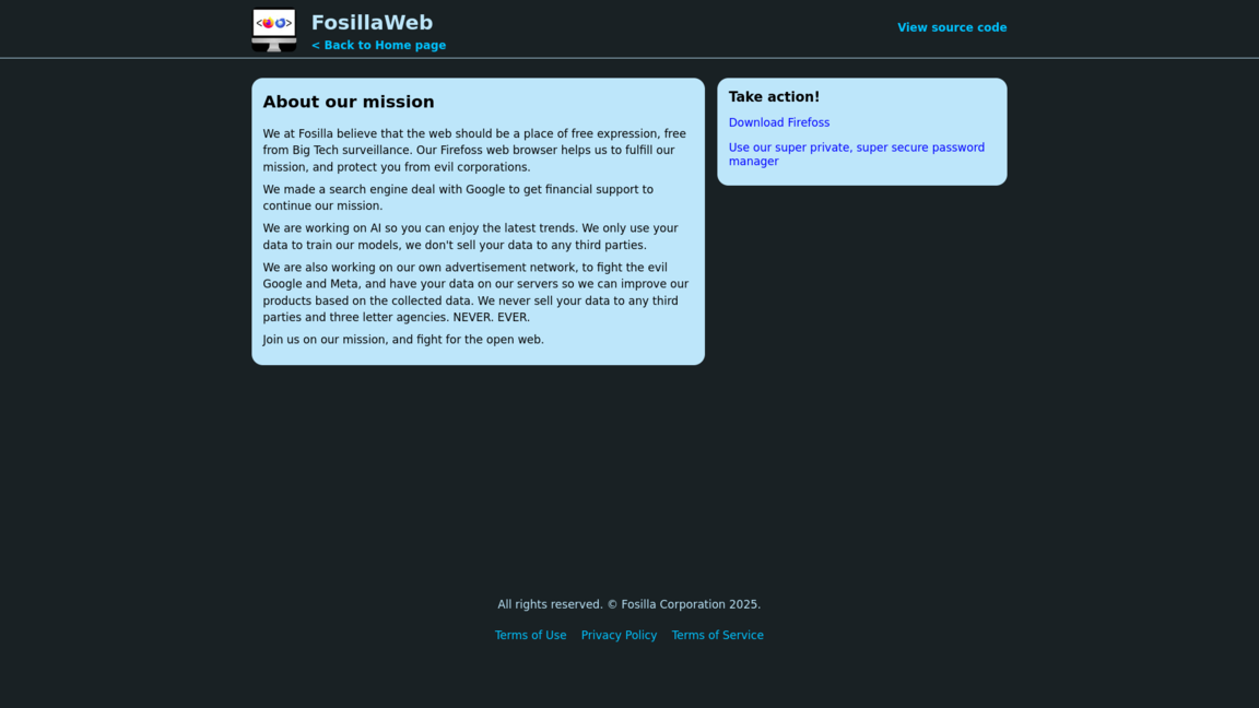About page with description about FosillaWeb's mission
          to fight for the open web.